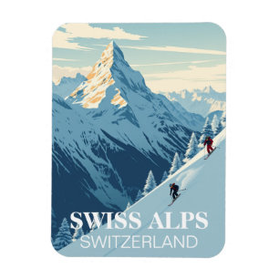 Vintage Skiers Swiss Alpernas Schweiz Travel Magnet
