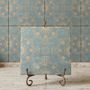 Vintage Skifferblå Beige Marockanskt Blommigt Dama Kakelplatta