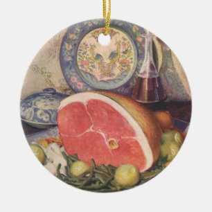 Vintage skinka middag med gröna bönor och potatis julgransprydnad keramik