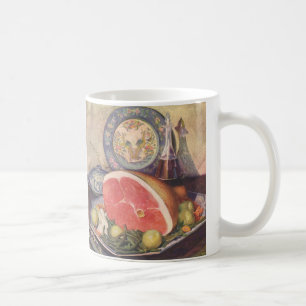 Vintage skinka middag med gröna bönor och potatis kaffemugg