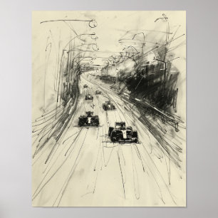 Vintage skiss av Formel 1-lopp på bana Poster