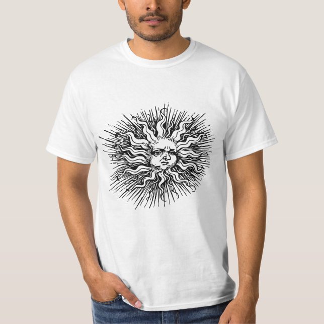 Vintage skiss av mystisk sol t shirt (Framsida)
