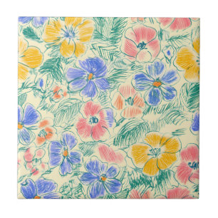 Vintage Skiss av Vildblomma (3) Kakelplatta