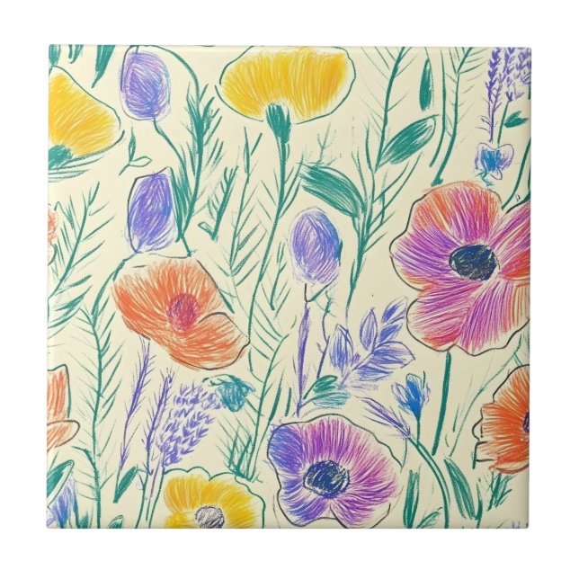Vintage Skiss av Vildblomma (6) Kakelplatta (Framsidan)