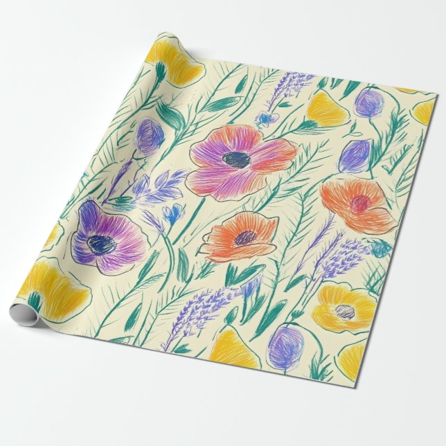 Vintage Skiss av Vildblommor (6) Presentpapper (Utrullad)