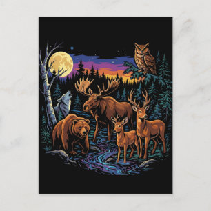Vintage Skog Vilda Djur Älg Björn Varg Hjort Vykort