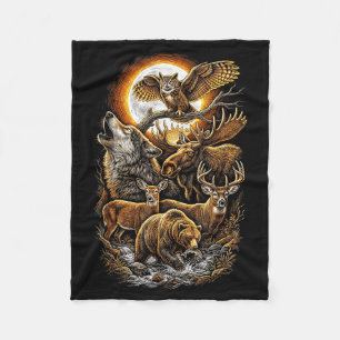 Vintage skog vilda djur varg älg rådjur uggla fleecefilt