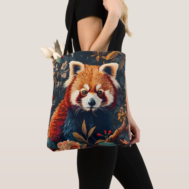 Vintage Skogs Röd Panda Mönster Blommig Trädgård Tygkasse (Närbild)