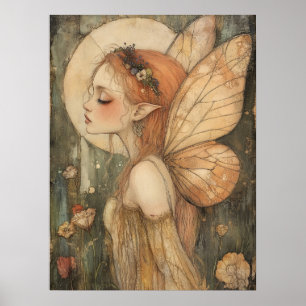 Vintage Skogsälva med Blomkrona Fantasykonst Poster