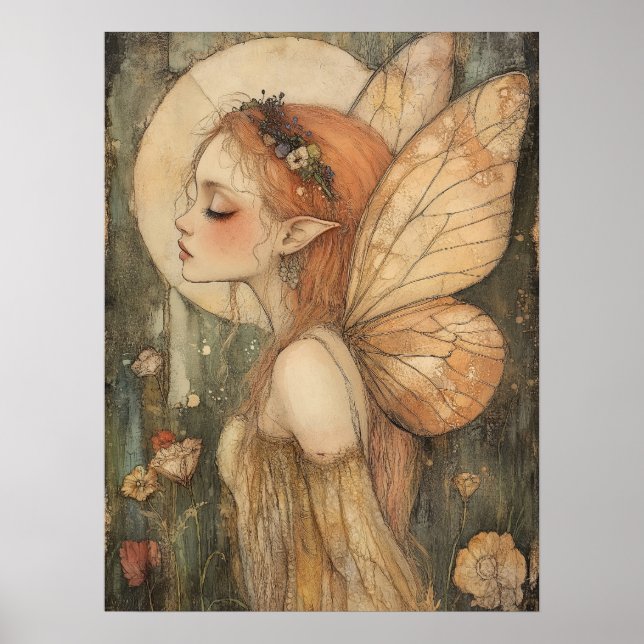 Vintage Skogsälva med Blomkrona Fantasykonst Poster (Framsidan)