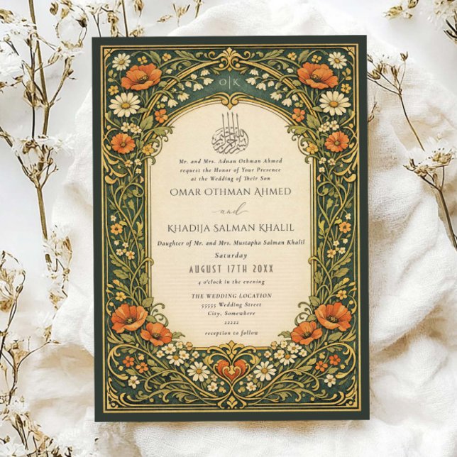 Vintage Skogsblomma Art Nouveau Islamisk Bröllop Inbjudningar (Skapare uppladdad)