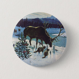 Vintage skogsdjur och älg i vintersnö knapp