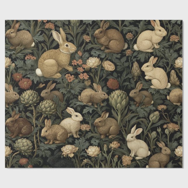 Vintage skogsrabbmönster Mörk botanik Presentpapper (Platt)