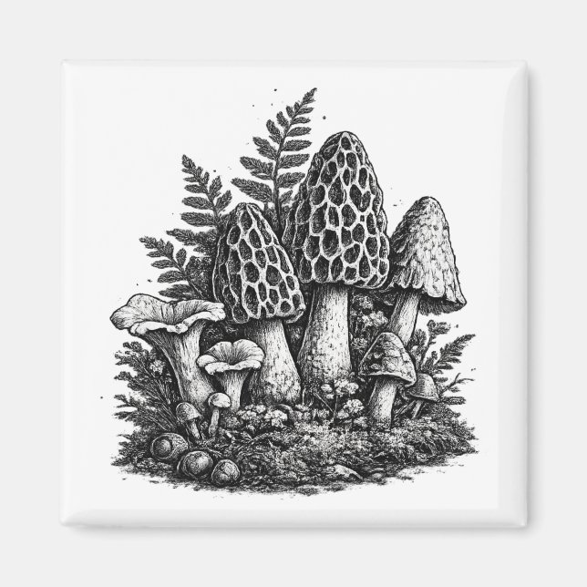 Vintage skogssvamp linocut magnet (Framsidan)