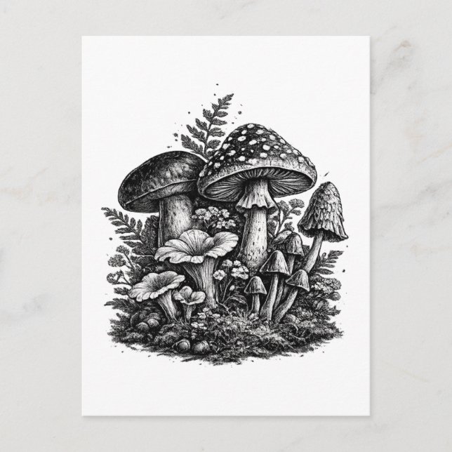 Vintage skogssvamp linocut vykort (Framsida)