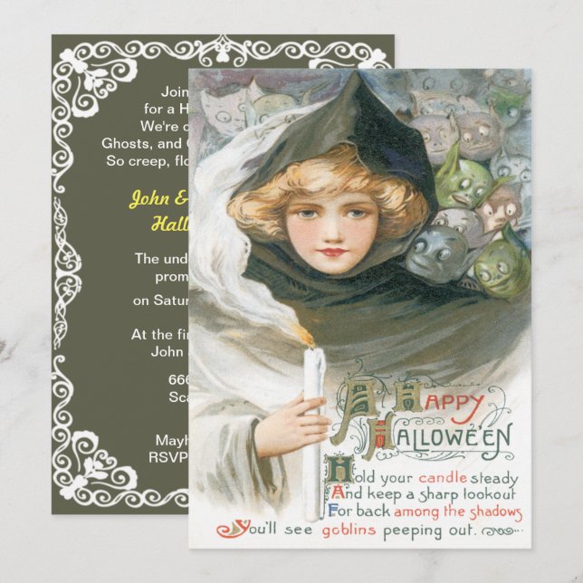 Vintage Skönhet Och Gubbar Halloween Inbjudningar (Fram/baksida)