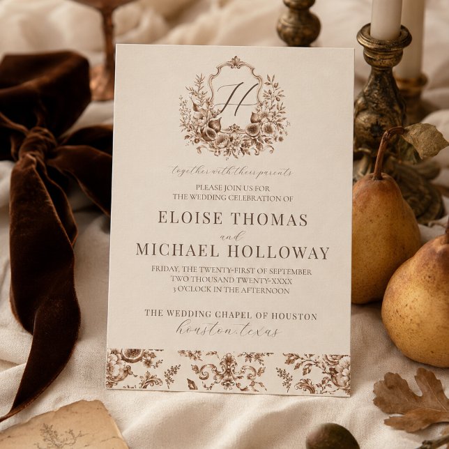 Vintage Skördefest Bröllopsinbjudan med Vapen Inbjudningar (Heirloom Harvest Crest Fall Wedding Invitation)