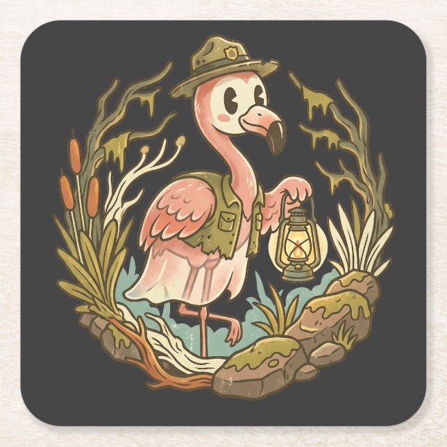 Vintage Skräcklig Sump Flamingo Design Underlägg Papper Kvadrat (Framsidan)