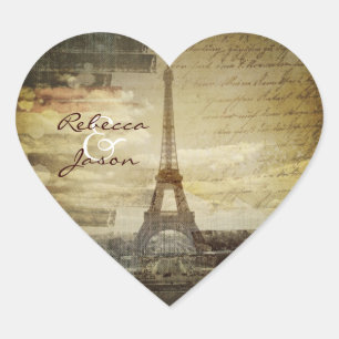 vintage skript Paris Eiffel Torn Bröllop Hjärtformat Klistermärke
