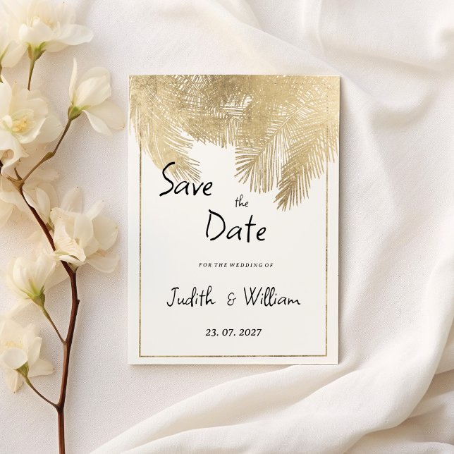Vintage skript vit guld blommigt Spara datum Inbjudningar (Vintage script white gold floral Save the Date)