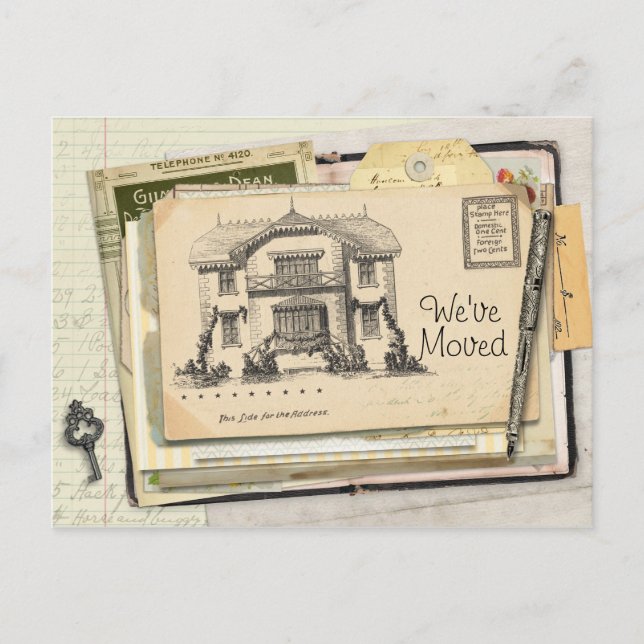 Vintage skrivbords vykort Vi har flyttat (Framsida)