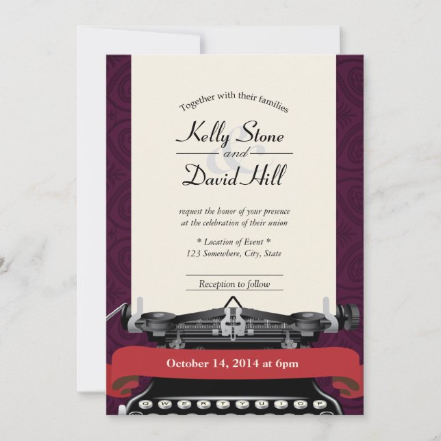 Vintage skrivmaskin Damask bröllopsinbjudningar Inbjudningar (Framsida)