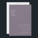 Vintage skrivmaskinsfont Minimalistisk dämpad lila Spara Datumet<br><div class="desc">Dela din bröllopsdag med vintageinspirerad charm med detta minimalistiska "Save the Date"-kort. Designat med en mjuk, dämpad lila bakgrund och typskriftstext i monospace, är detta kort perfekt för par som uppskattar subtila detaljer och retroenkelhet. Idealiskt för litterära bröllop, moderna minimalistiska evenemang eller underdrivna firanden. Anpassa enkelt med din bröllopsdag, namn...</div>