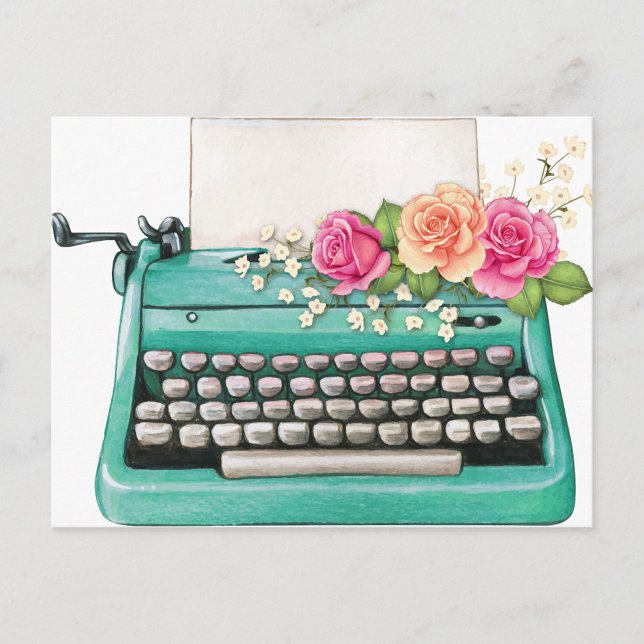 Vintage skrivmaskinskort vykort (A vibrant, artistic vintage turquoise typewriter adorned with delicate pink and peach flowers.)