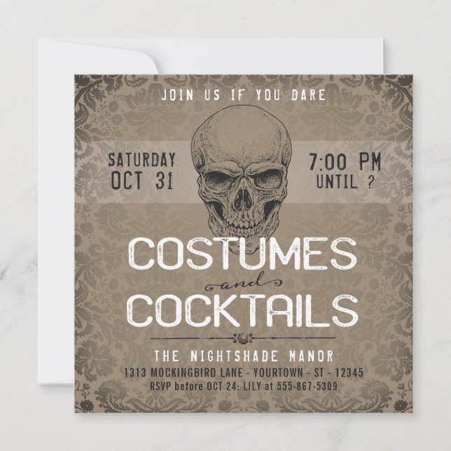 Vintage Skull | Costumes & Cocktails Halloween Inbjudningar (Framsida)
