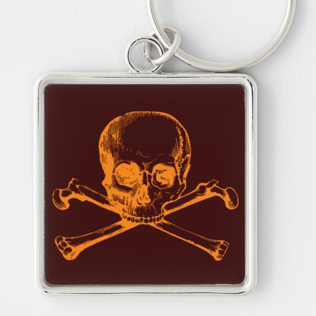 Vintage Skull och korsben Fyrkantig Silverfärgad Nyckelring (Framsidan)