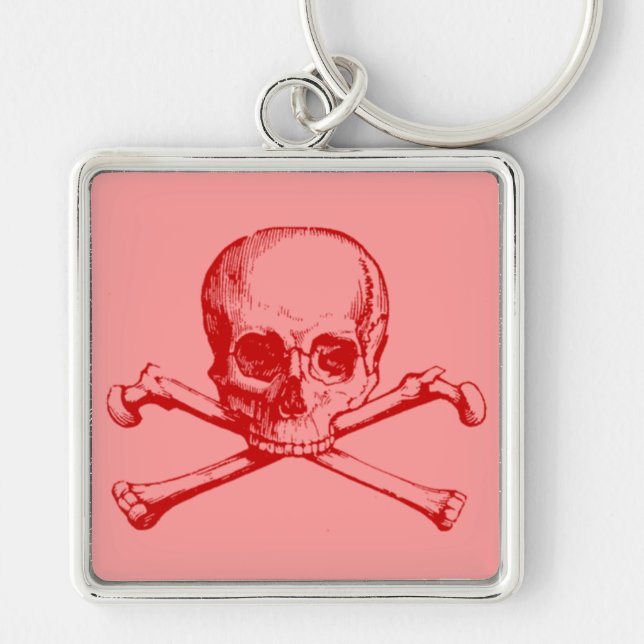 Vintage Skull och korsben Fyrkantig Silverfärgad Nyckelring (Framsidan)
