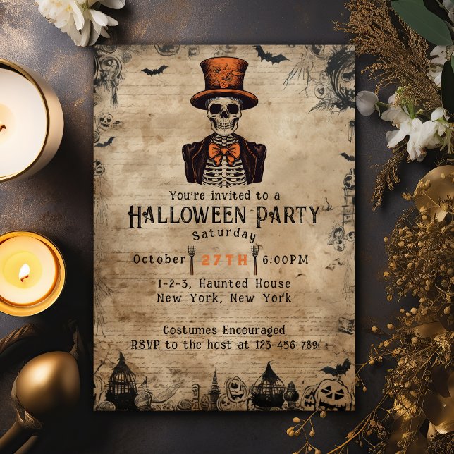 Vintage Skull Top hat Vuxen Halloween fest Inbjudningar (Adult Costumes and Cocktails Themed Halloween Party Invitation. Elegant Vintage skull with top hat.)