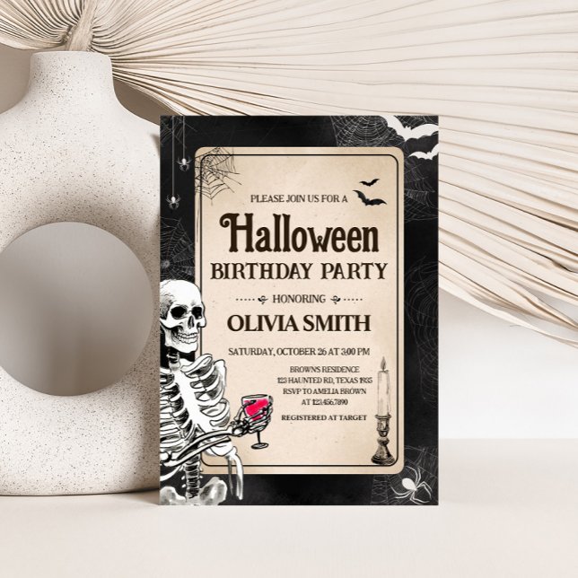 Vintage Skull-Vuxen Halloween-Födelsedagsfest Inbjudningar (Adult Skull Vintage Halloween Birthday Party Invitation)