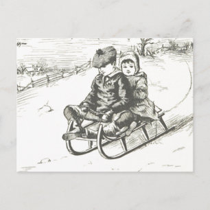 Vintage Sled jul Helgdag Winter Boy Girl Vykort