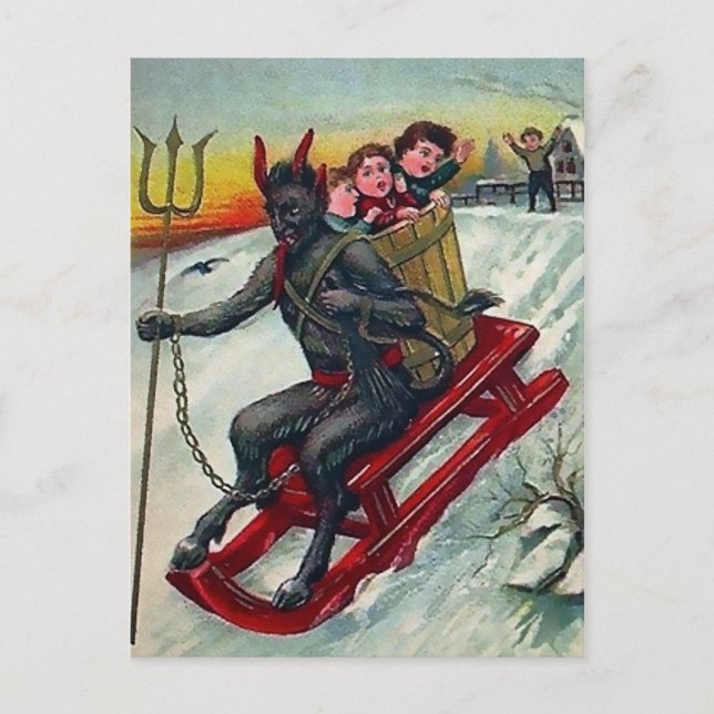 Vintage Sledding Krampus Vykort (Framsida)
