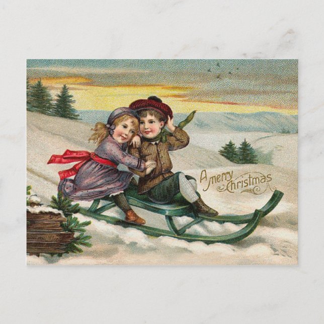 Vintage Sleding Boy and Girl Vykort (Framsida)