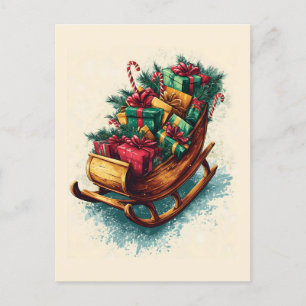 Vintage Sleigh fylld med Julklapp Helg Vykort