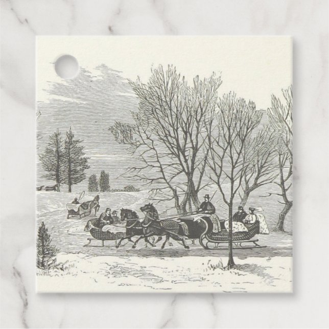 Vintage Sleigh Ride Engraving Gåvor Etiketter (Framsida)