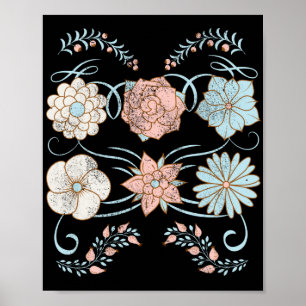 vintage slitna blommor i rosa och blått poster