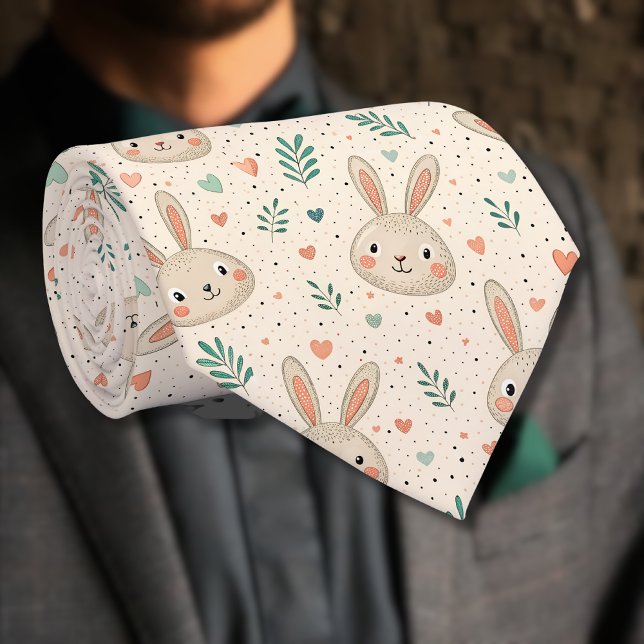 Vintage Små Kaninansikten med Rosor Mönster Slips (Skapare uppladdad)