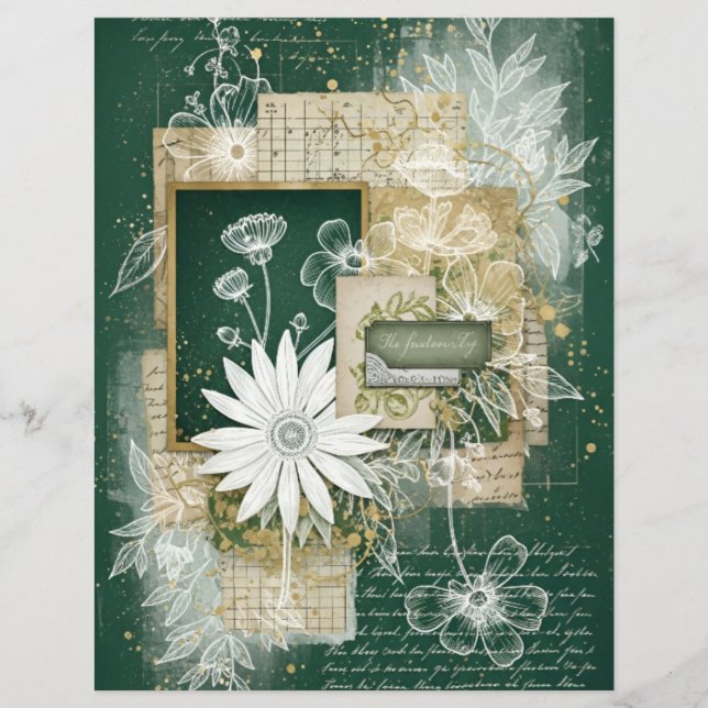Vintage Smaragd Blommig Trädgård Scrapbook Papper (Framsida)