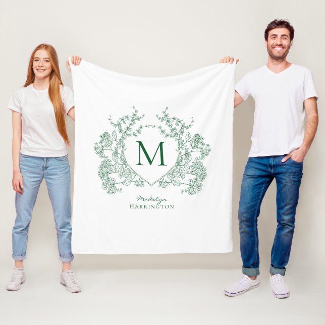 Vintage smaragdgrön blomsterkrone monogram fleecefilt (På plats)
