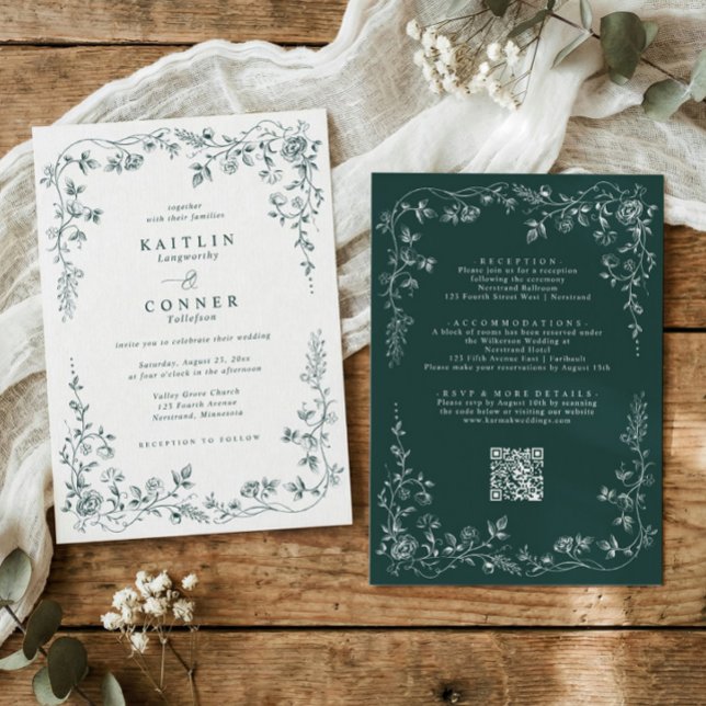 Vintage smaragdgrön fransk blomsterbröllop inbjudningar (vintage wedding invitation with emerald floral frame in romantic Victorian style)