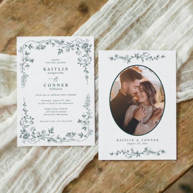 Vintage smaragdgrön fransk blomsterbröllopsfoto inbjudningar (Emerald green wedding invitation with elegant floral frame and photo back)