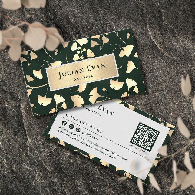 Vintage smaragdgrön glänsande Ginkgo guldblad Visitkort (Vintage Emerald Green Shiny Ginkgo Gold Leaf Business Card)