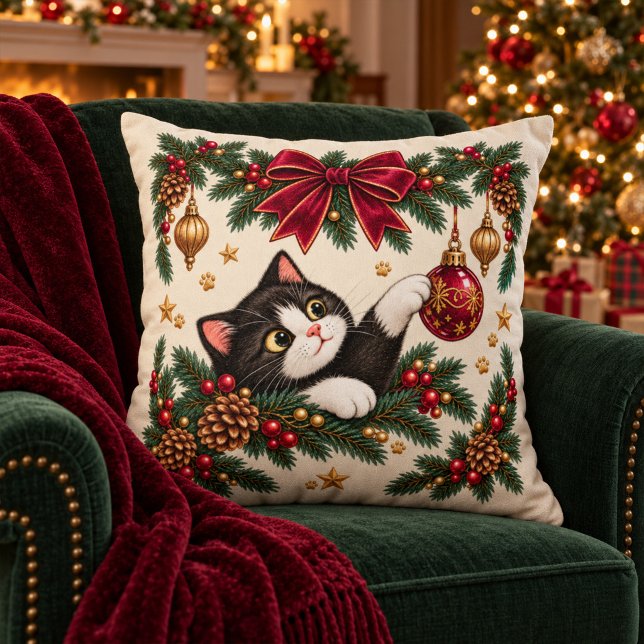 Vintage Smokingkatts julkudde Kudde (Vintage Tuxedo Cat Christmas Throw Pillow)