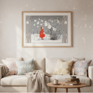 Vintage Snö Barn och Änglar Nursery Poster