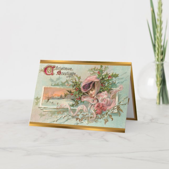 Vintage Snö Dam och jultomte Helgkort (Framsida)