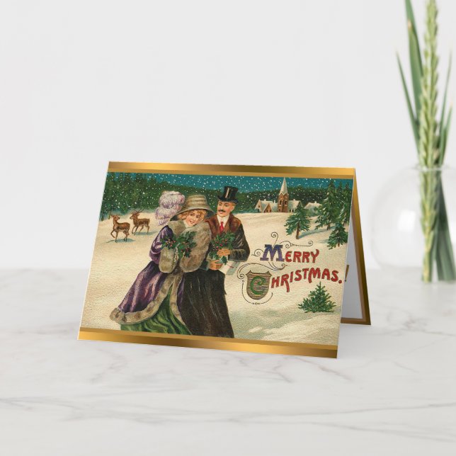 Vintage Snö och renjul jul Helgkort (Framsida)