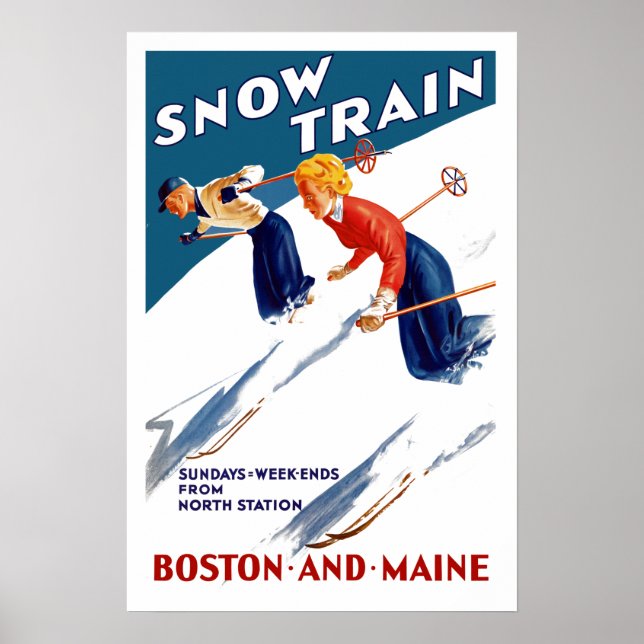 Vintage Snö Tåg Boston och Maine Travel Poster (Framsidan)